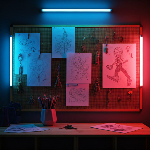 Creative office with keychains and sketches